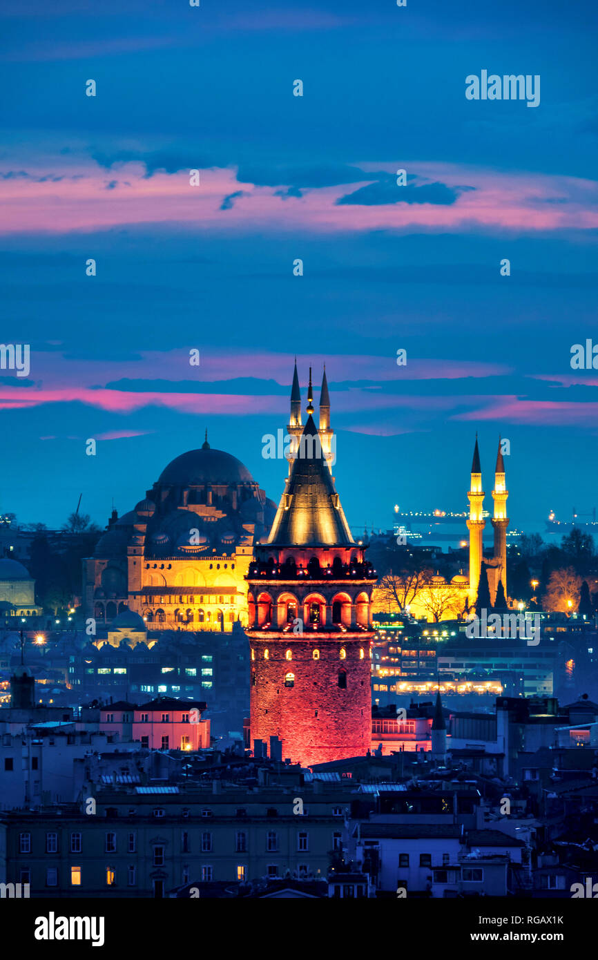 View of the Galata tower and the Süleymaniye mosque, Istanbul Stock Photo