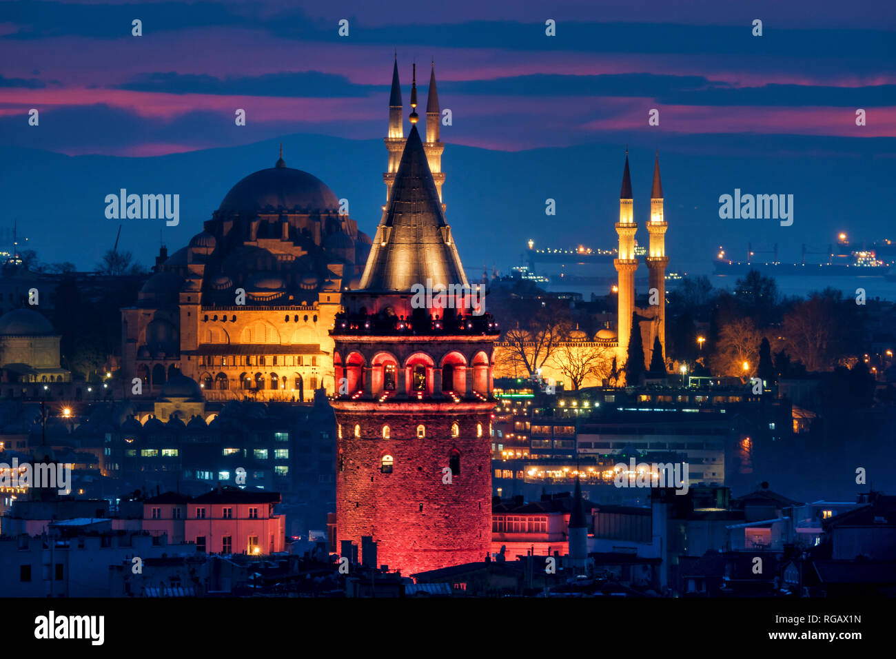 View of the Galata tower and the Süleymaniye mosque, Istanbul Stock Photo