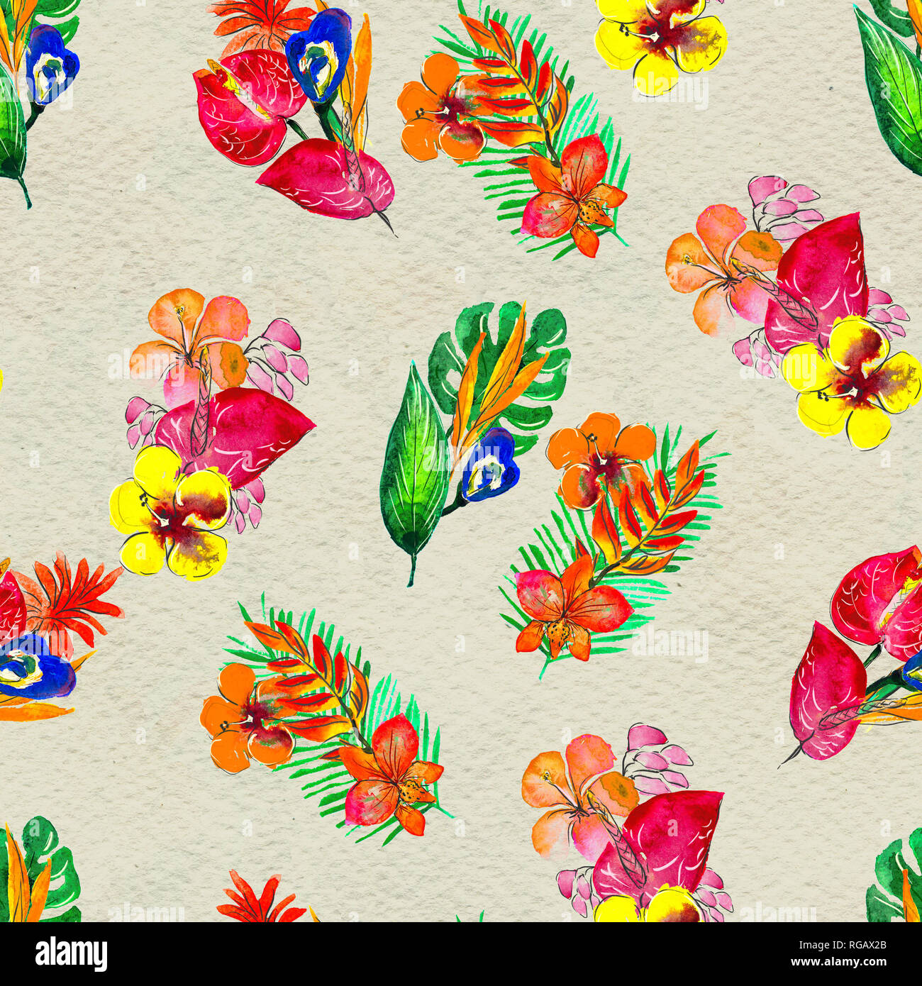 Seamless pattern With Tropical Flowers. Watercolor Background Stock ...
