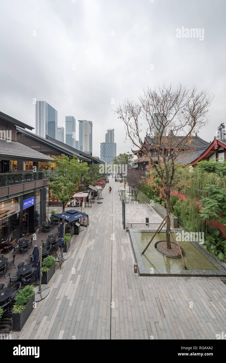 Chengdu, Sichuan province, China - Nov 13, 2015: Taikooli commercial street aerial view with skyscrapers in the background Stock Photo