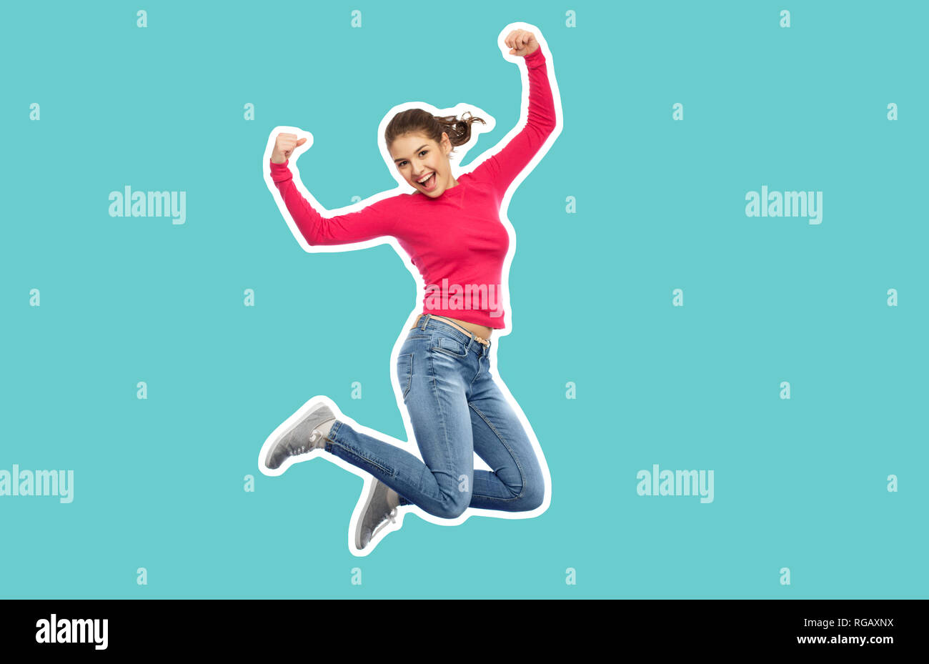 smiling teenage girl jumping in air Stock Photo - Alamy