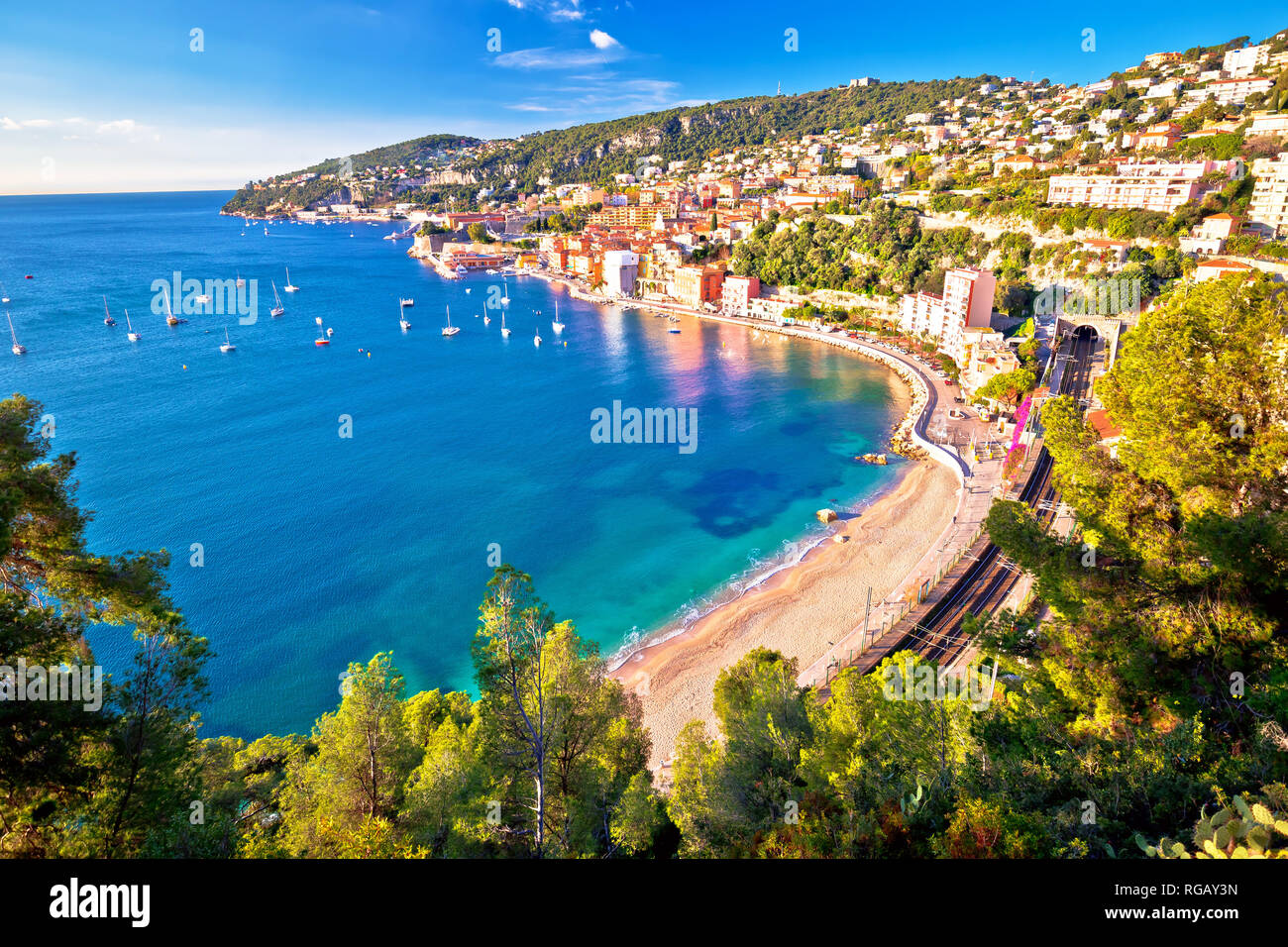 Villefranche sur Mer idyllic French riviera town aerial bay view, Alpes