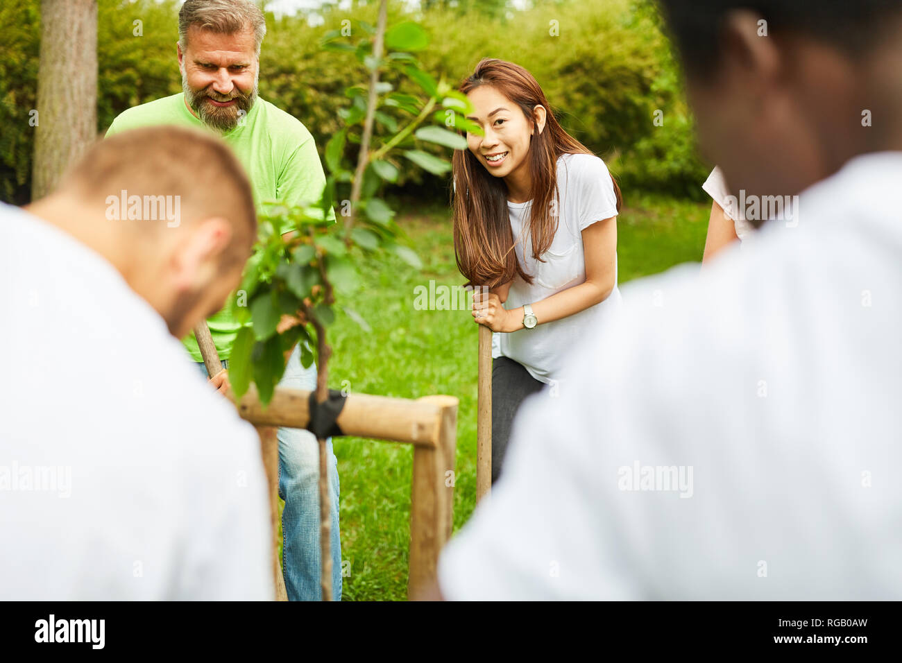 Team of volunteer climate protectors plants a tree in a reforestation action Stock Photo