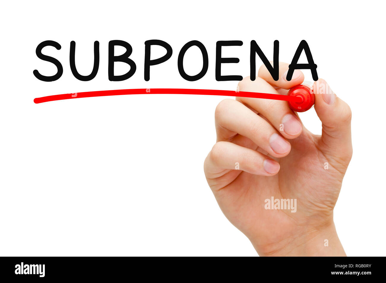 Hand writing the word Subpoena with marker on transparent wipe board isolated on white. Stock Photo