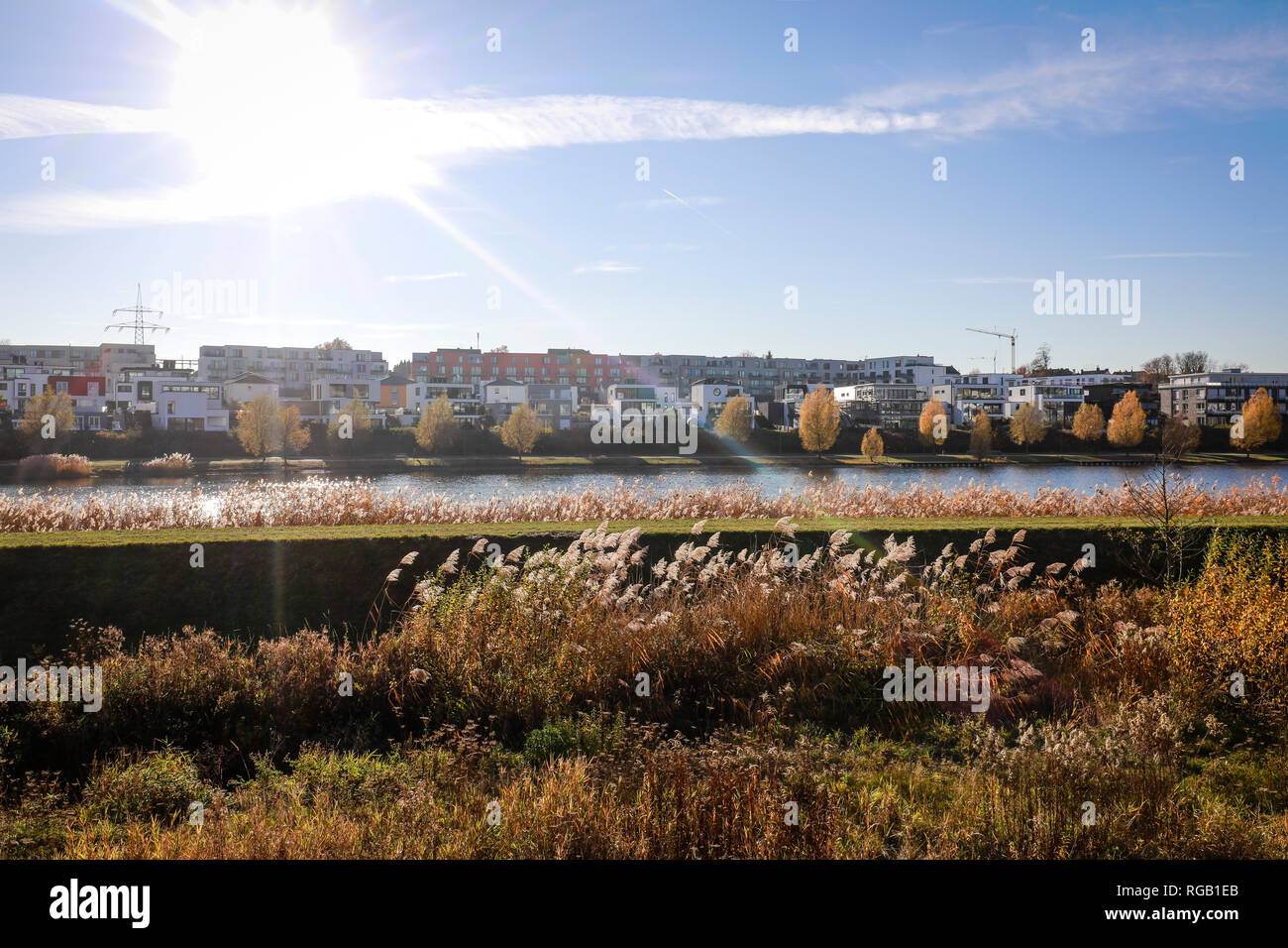 15.11.2018, Dortmund, North Rhine-Westphalia, Ruhr area, Germany - Renatured Emscher at Lake Phoenix, Lake Phoenix is an artificial lake on the former Stock Photo