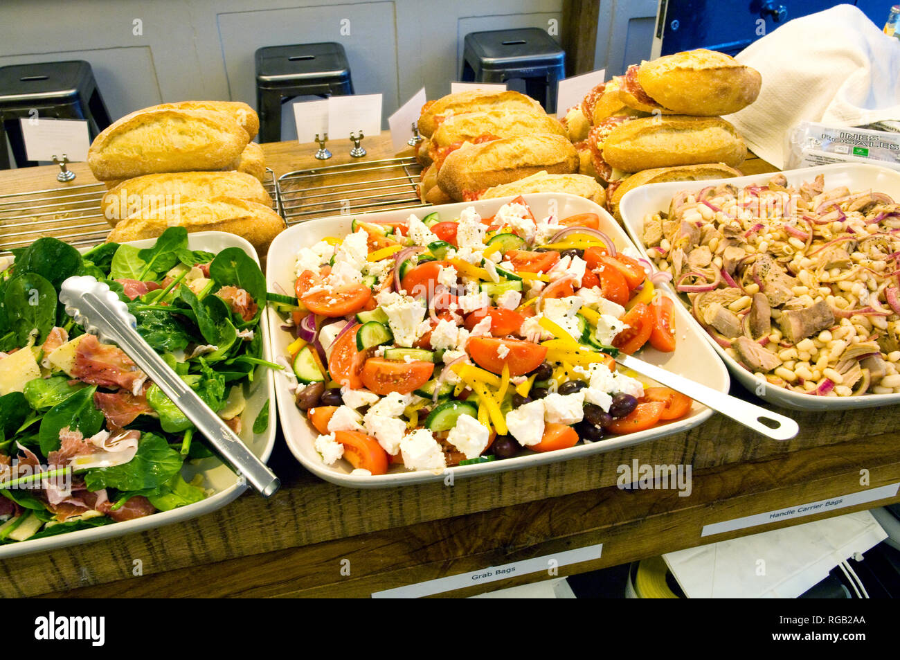 Italian prepared food including various salads, for sale in Fenandez and Wells a deli london. Stock Photo