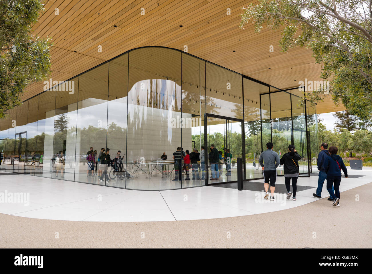 April 29, 2018 Cupertino / CA / USA - Exterior view of the new and modern Apple Park visitor center located next to their new corporate offices in Sil Stock Photo