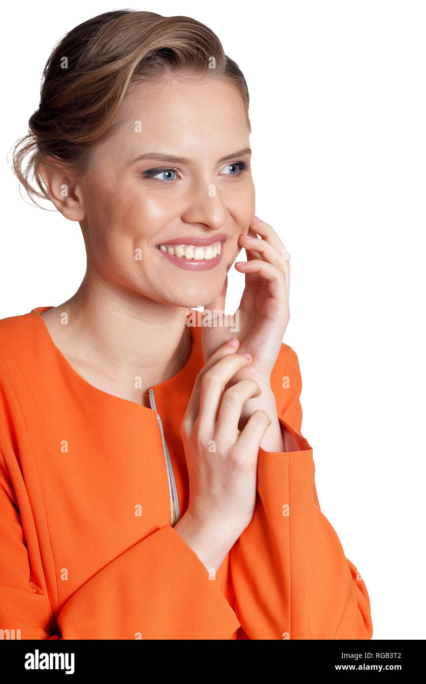 Portrait of happy young woman on white background Stock Photo - Alamy