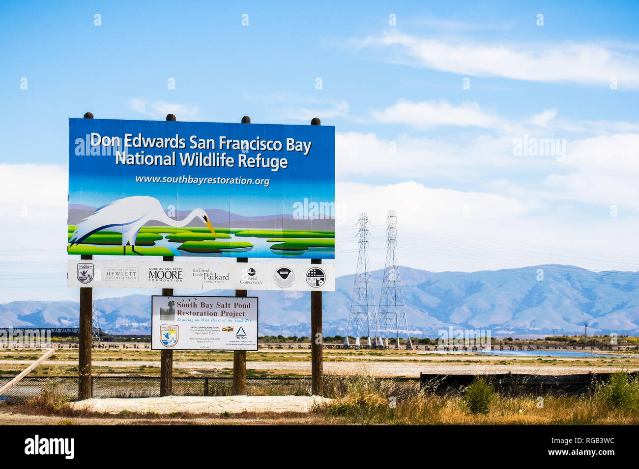 May 8, 2018 Menlo Park / CA / USA - "Don Edwards San Francisco Bay National Wildlife Refuge" and "South Bay Salt Pond Restoration Project" billboards  Stock Photo