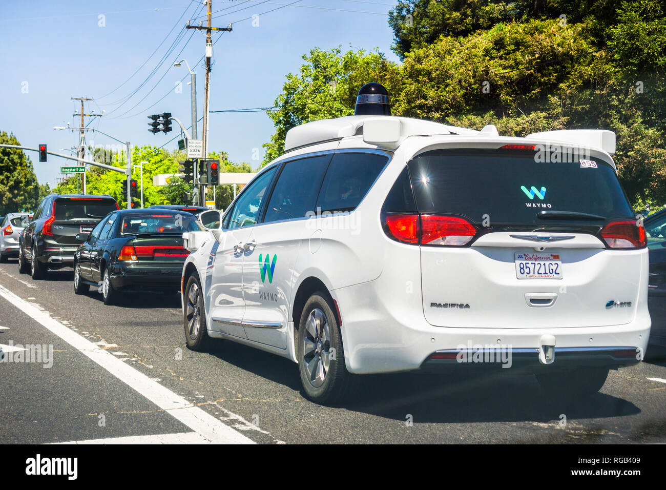 May 11, 2018 Mountain View / CA / USA - Waymo self driving car cruising on the streets of south San Francisco bay area, Silicon Valley Stock Photo