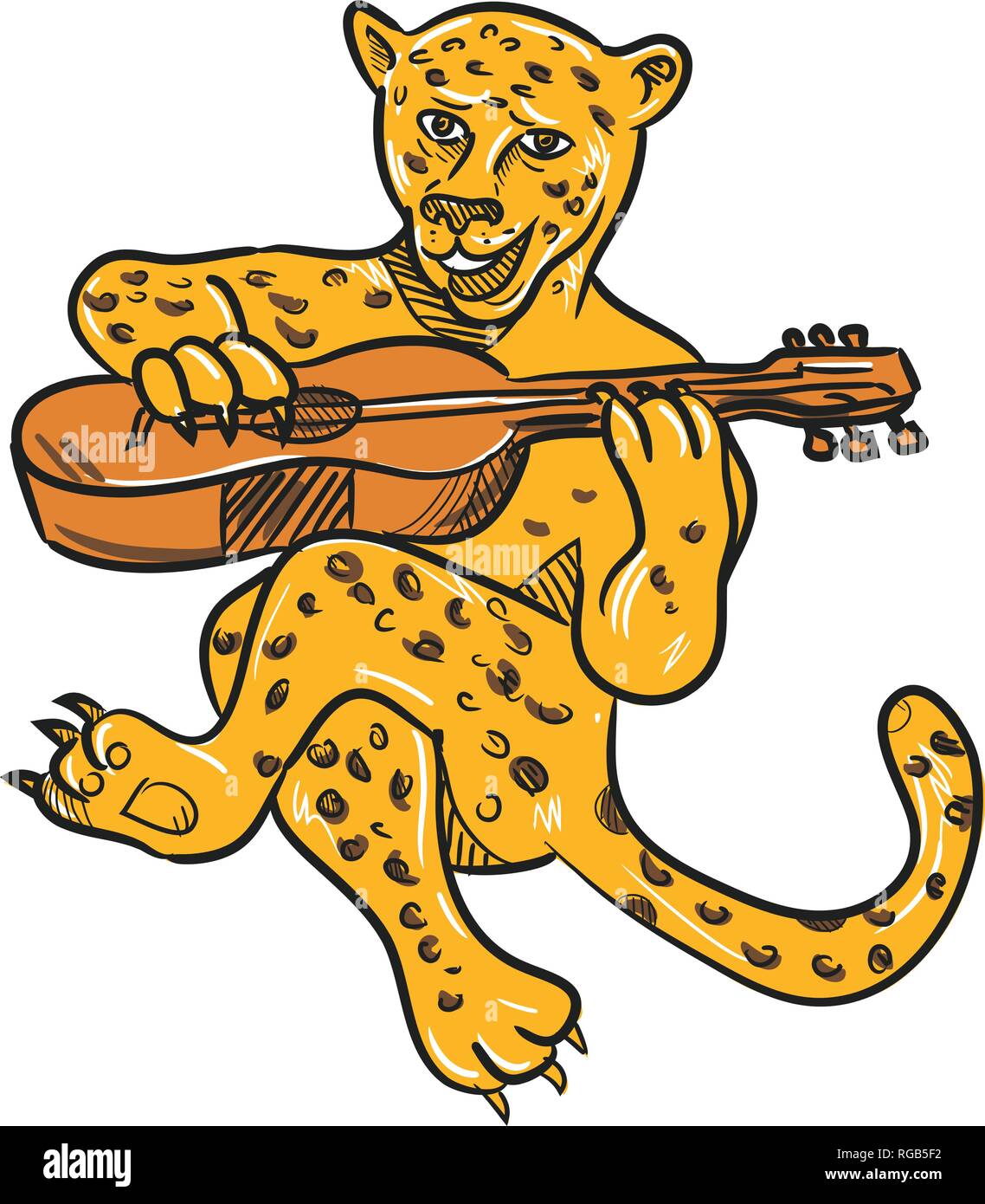 Cartoon style illustration of a happy jaguar or leopard playing an acoustic guitar while being seated or sitting down done in full color on isolated b Stock Vector