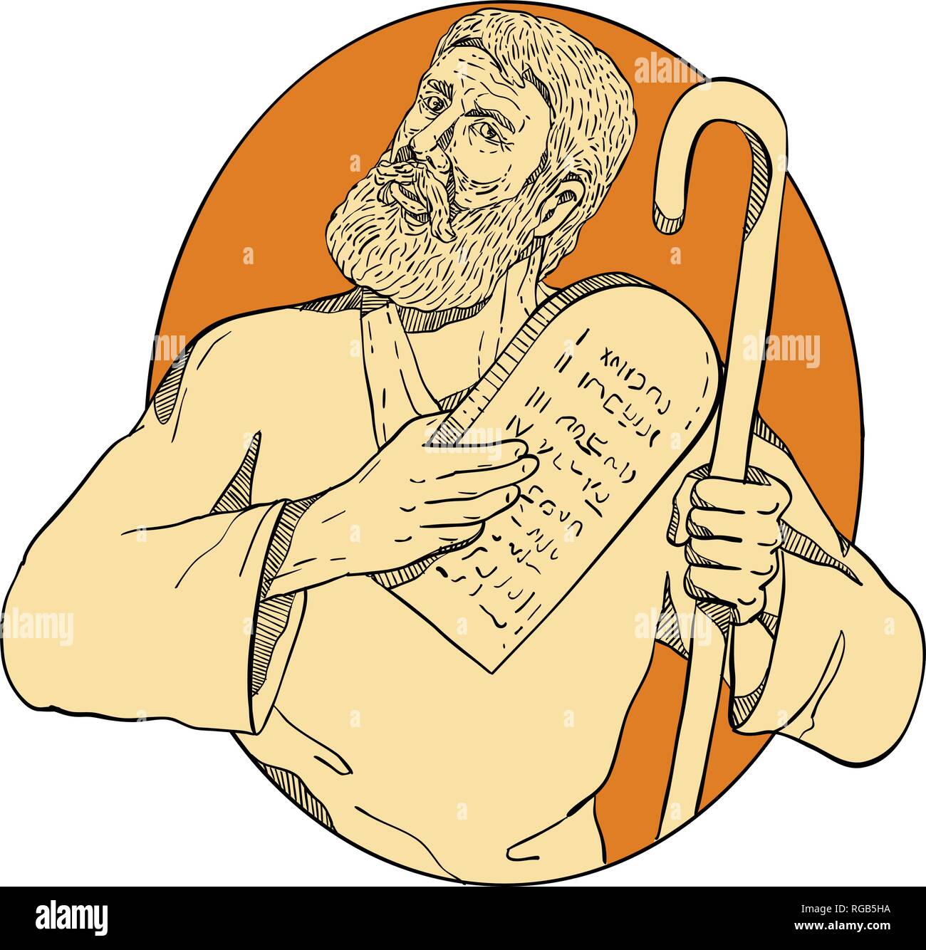 Drawing sketch style illustration of Moses, a prophet in the Abrahamic religions. leader of Israelites and lawgiver, with Ten Commandments set inside  Stock Vector