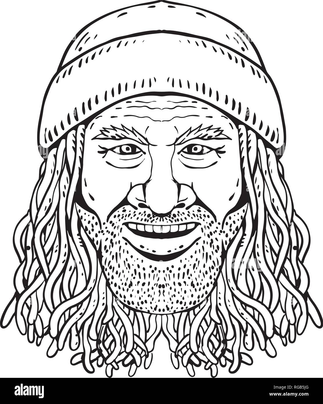 Drawing sketch style illustration of head of a Rastafarian dude, Rastafari or guy practising Rastafarianism, an Abrahamic religion developed in Jamaic Stock Vector