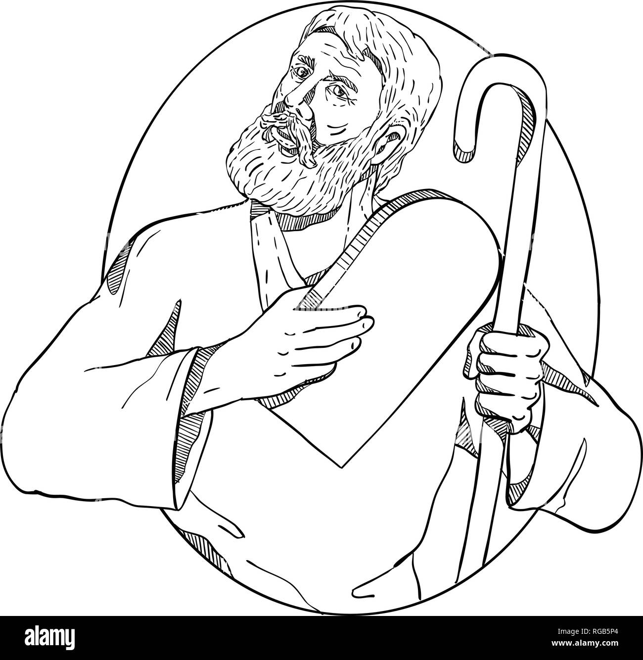 Drawing sketch style illustration of Moses, a prophet in the Abrahamic religions holding the Ten Commandments tablet and his staff set inside oval on  Stock Vector