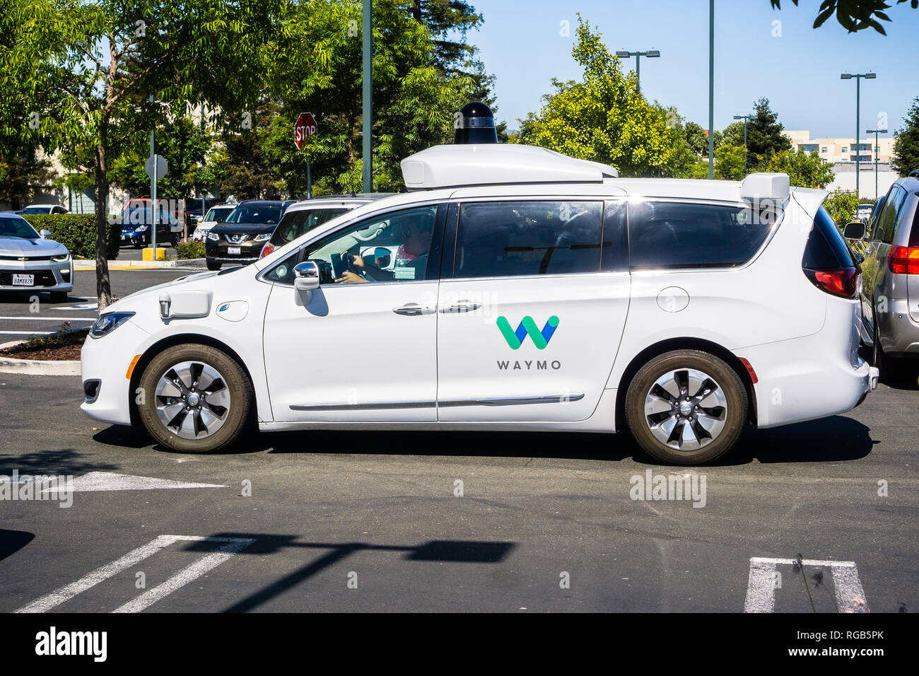 June 21, 2018 Mountain View / CA / USA - Close up of Waymo self driving car performing tests in a parking lot near Google's headquarters, south San Fr Stock Photo
