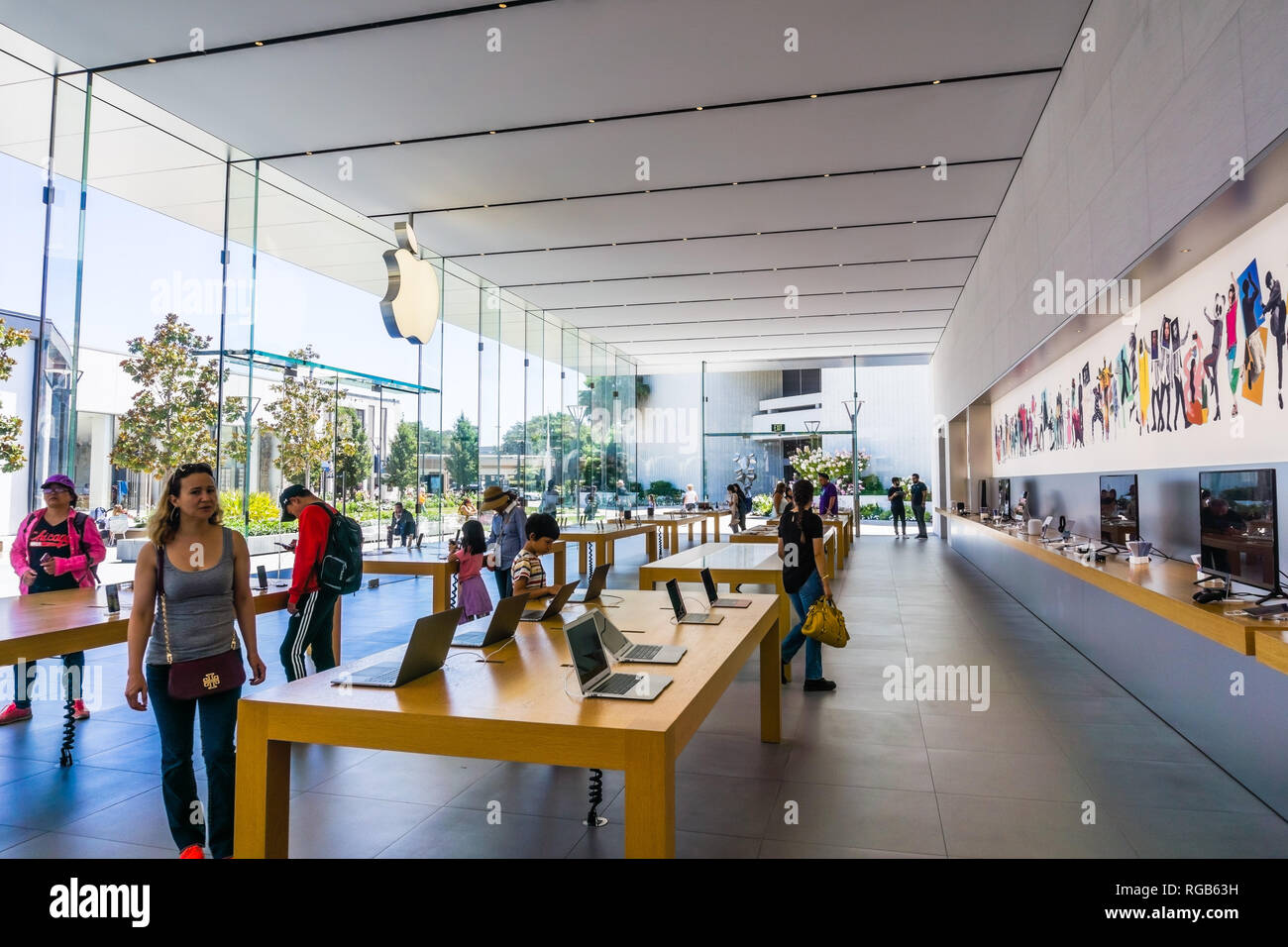 August 2, 2018 Palo Alto / CA / USA - Indoor view of the Apple store located at the open air Stanford shopping center, Silicon Valley Stock Photo