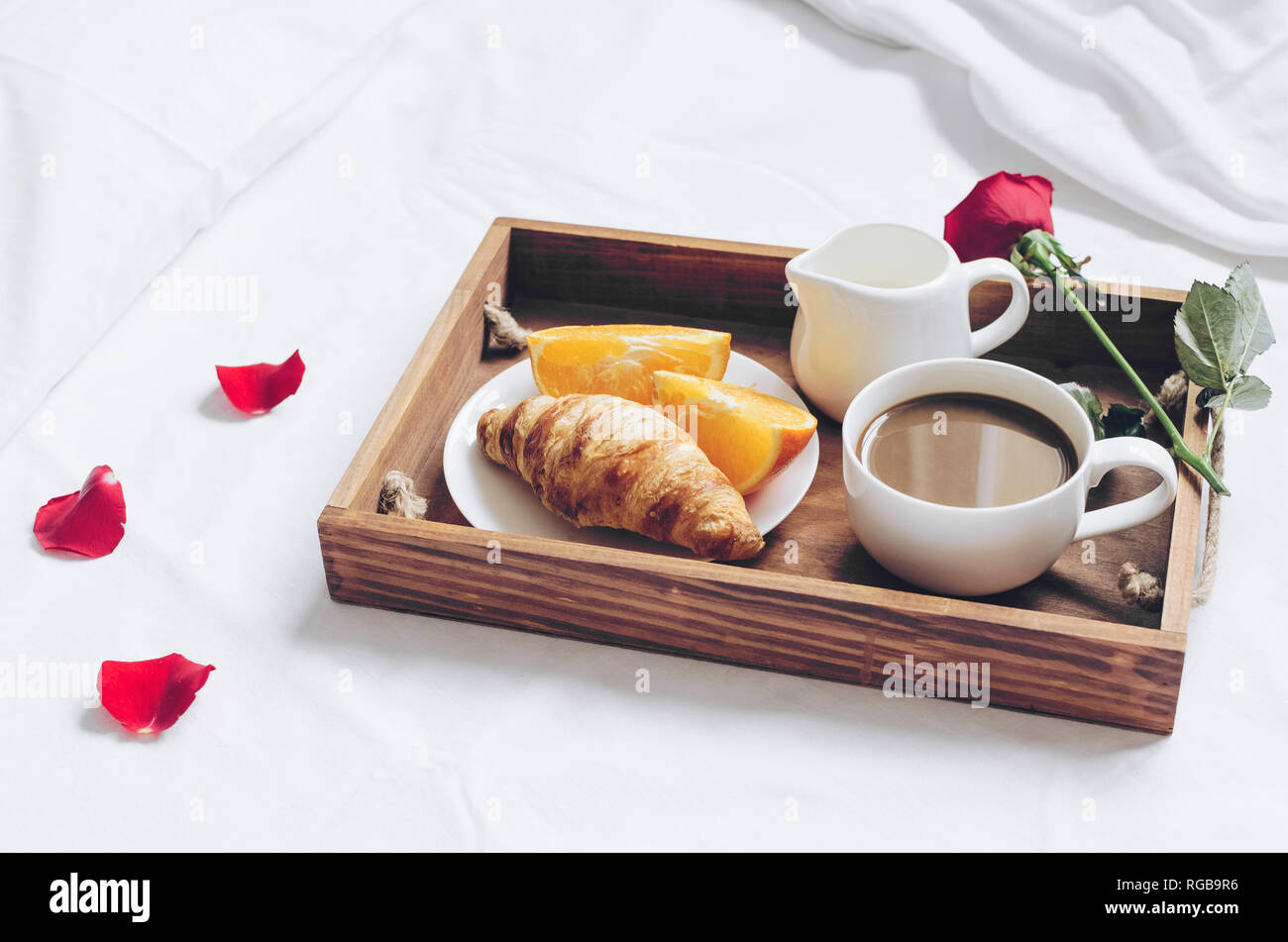 Romantic Valentines Day Breakfast In Bed Tray With Fresh Croissant Cup Of Coffee Espresso With