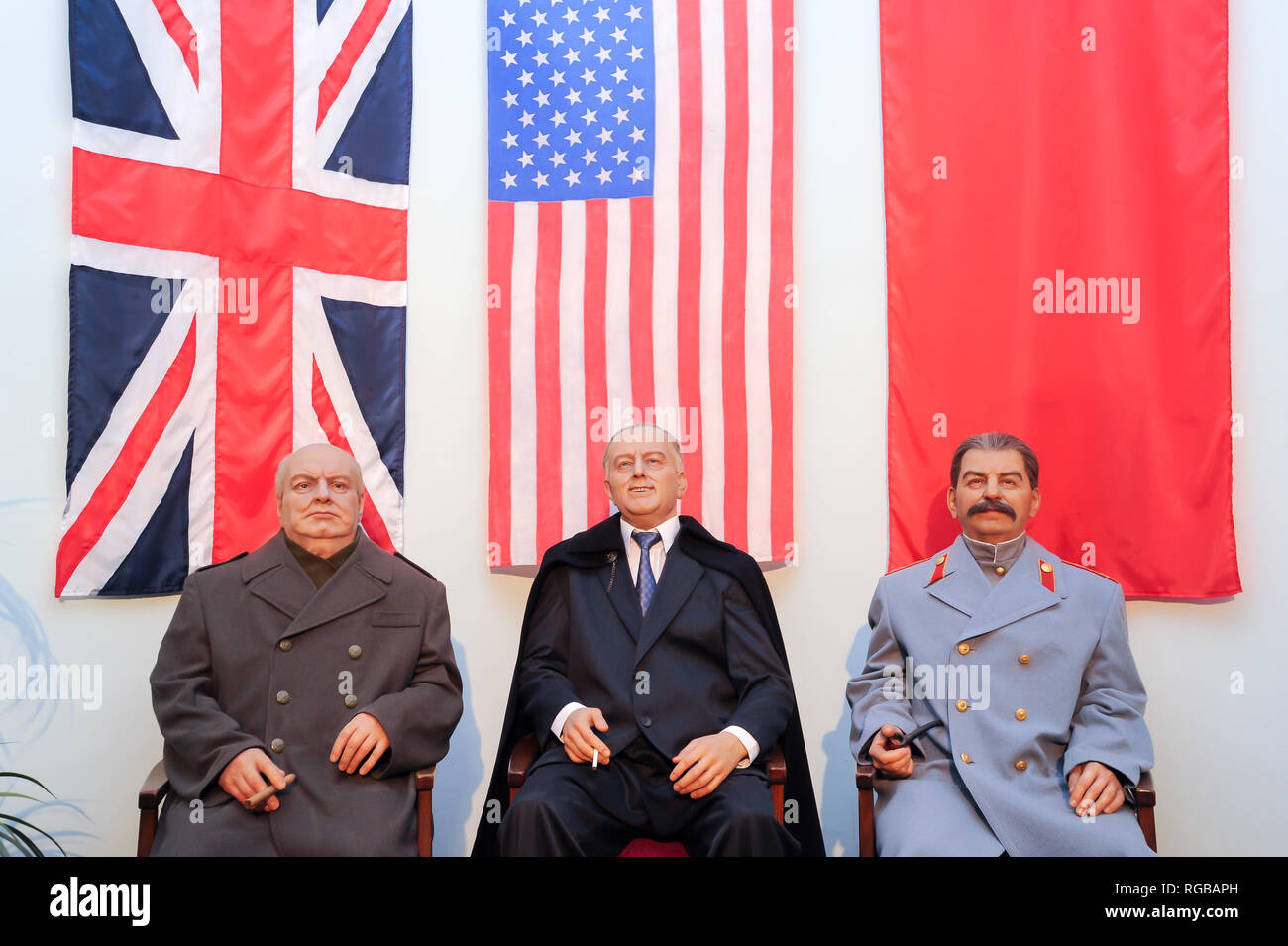 Wax figures of The Big Three: Winston Churchill, Franklin D. Roosevelt and Joseph Stalin during Yalta Conference in 4 to 11 February 1945 in Neo Renai Stock Photo