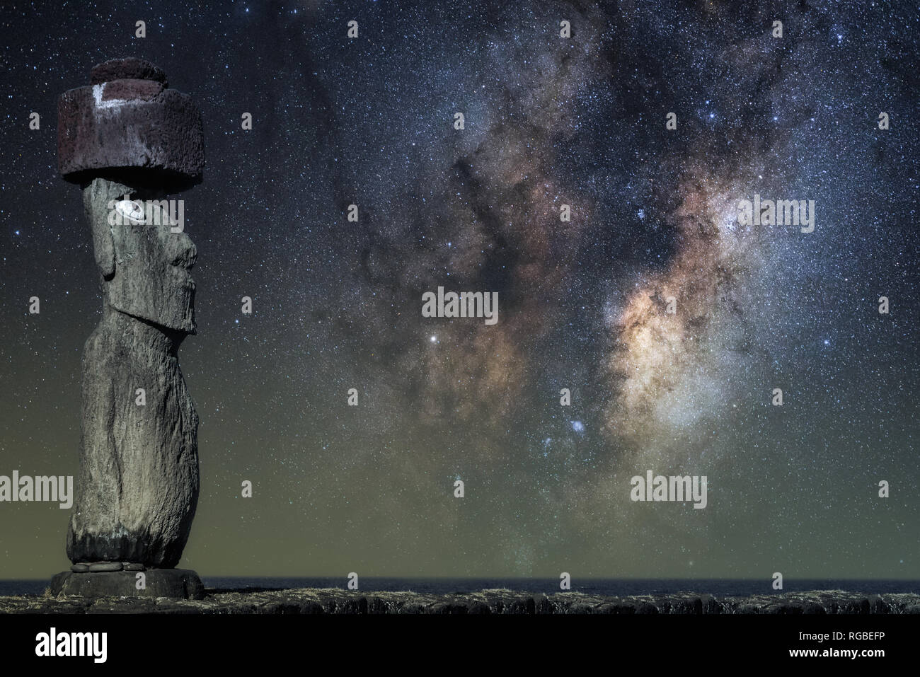 Easter Island Head under the Milky Way Stock Photo