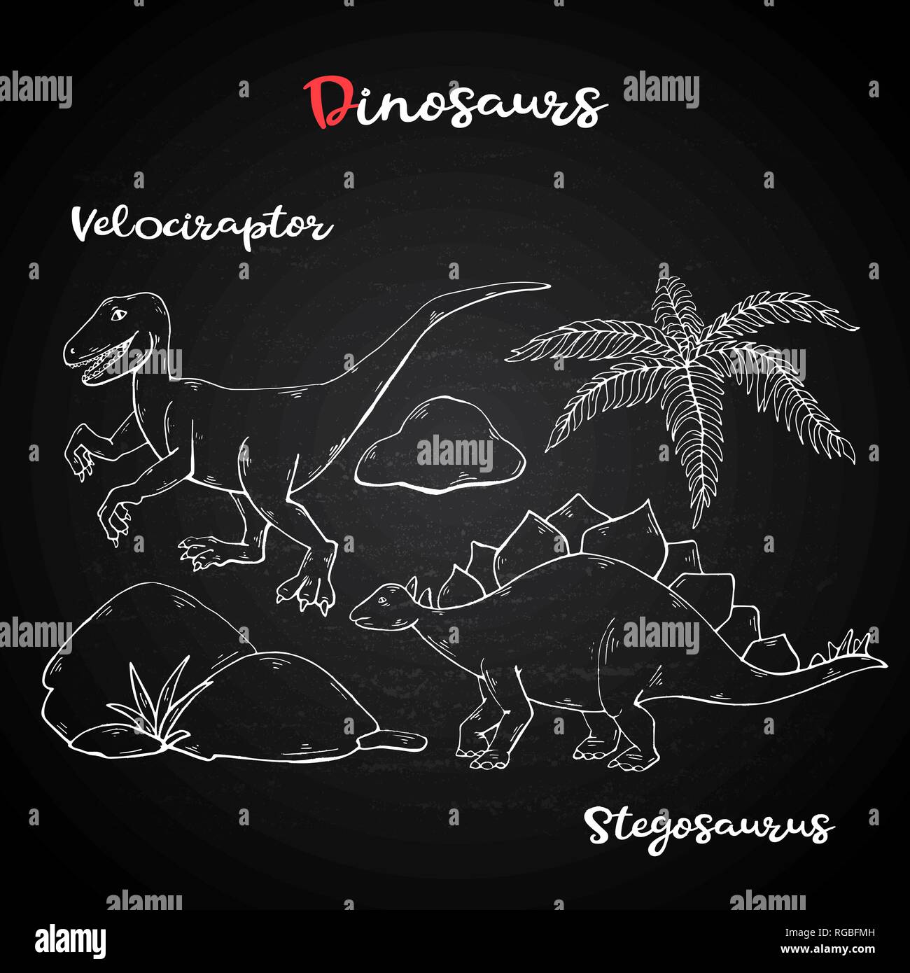 Vector Velociraptor and Stegosaurus on chalk blackboard Stock Vector