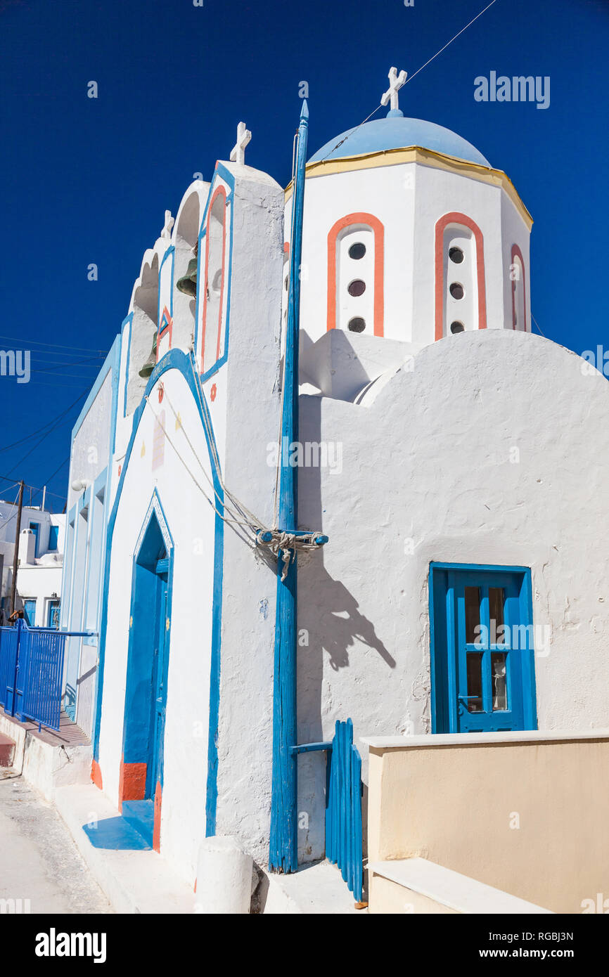 Houses and architecture in white and blue on Santorin, Greece, a very popular cruise boat stop in the Mediterranean Sea Stock Photo