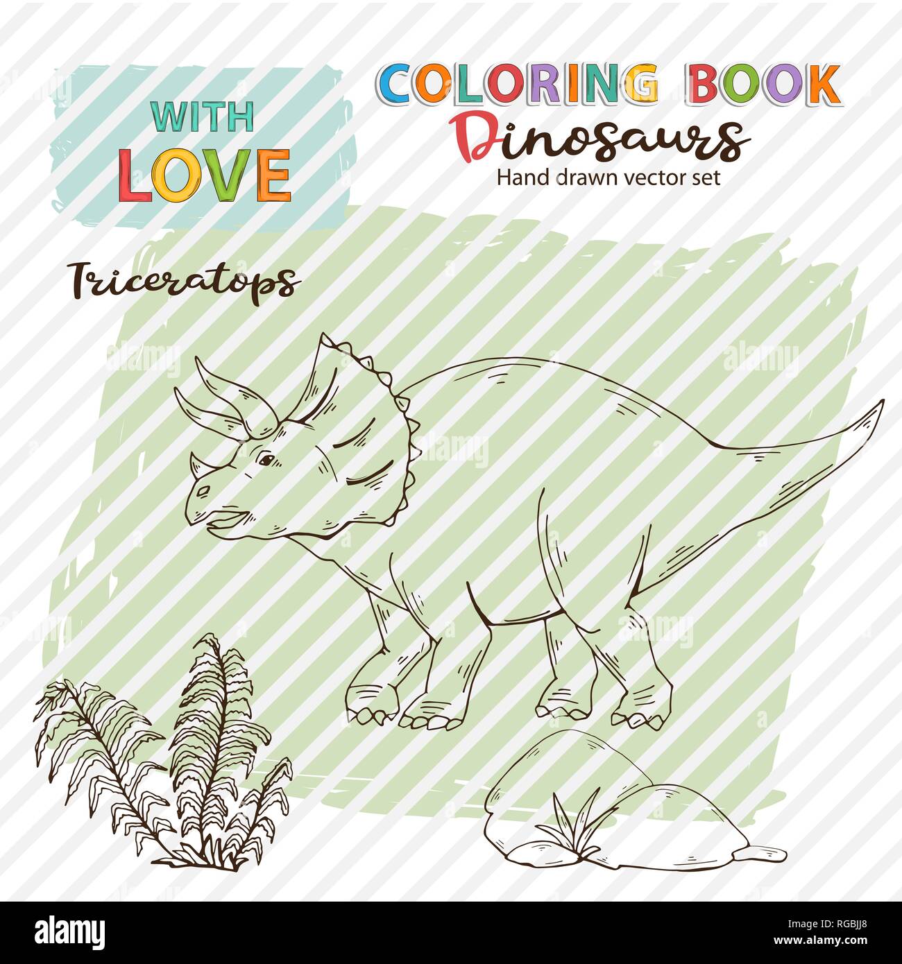 Coloring book Triceratops with plant and stone.Jurassic Wildlife. Stock Vector