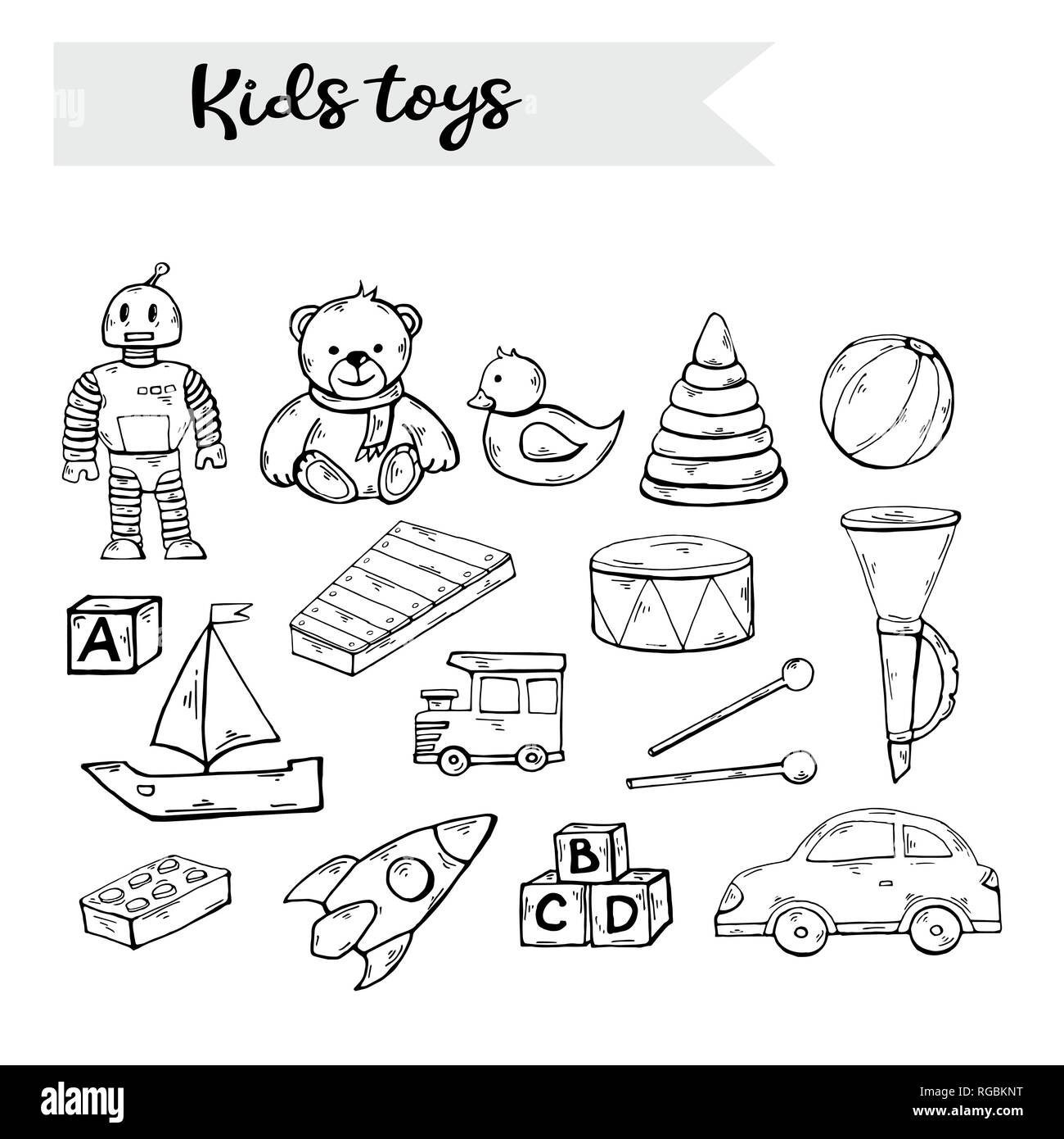 Vector hand draw kids toys set in doodle style,isolated on a white Stock Vector
