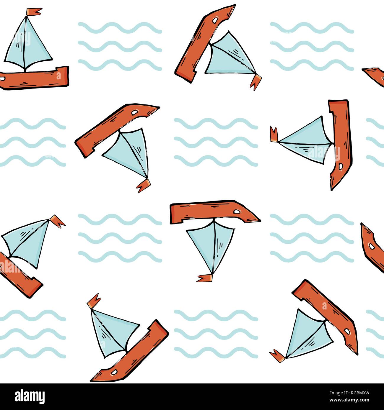 Vector seamless pattern with red boat on a white background. Stock Vector