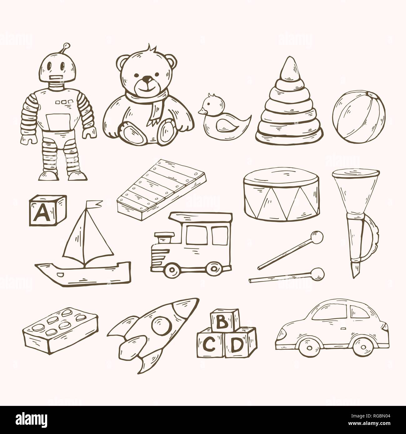Vector toys set.Children toys collection with robot, duck Stock Vector