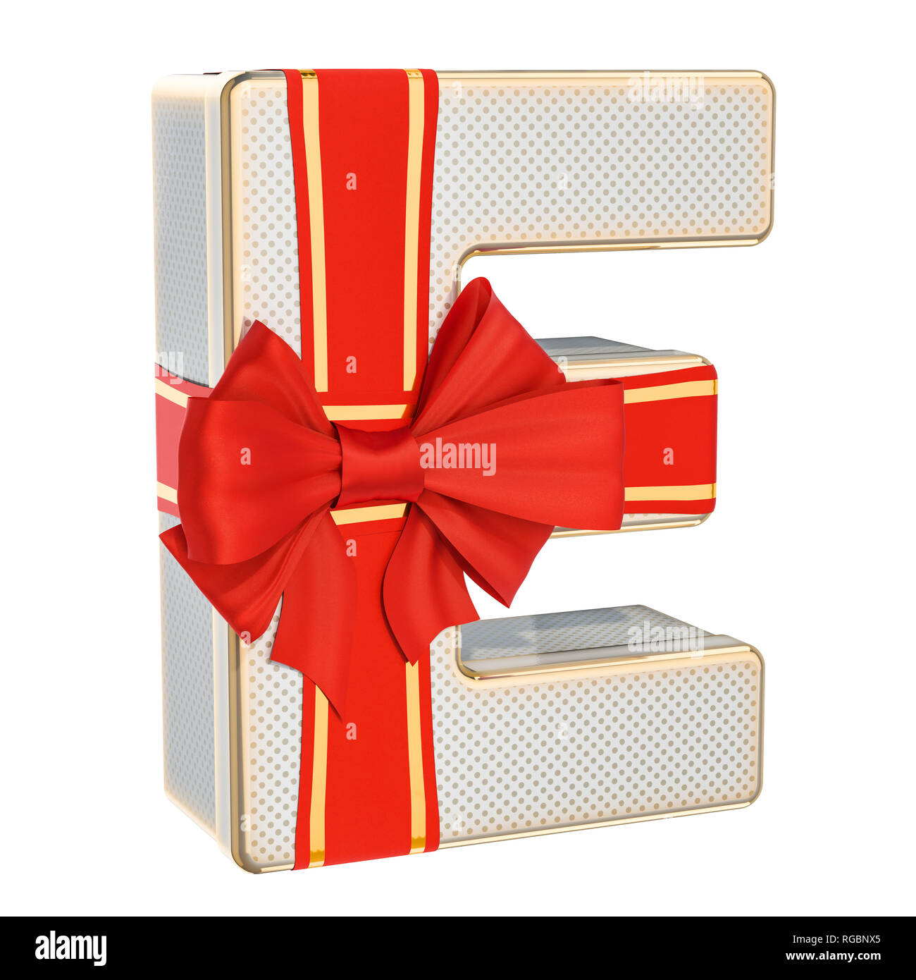 Letter E, gift box shaped of a letter E with red ribbon bow. 3D rendering isolated on white