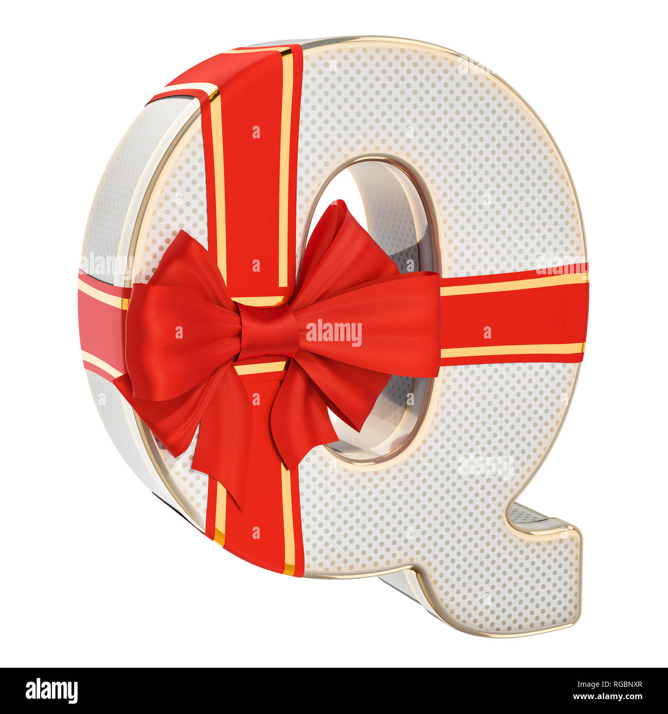 Letter Q, gift box shaped of a letter Q with red ribbon bow. 3D