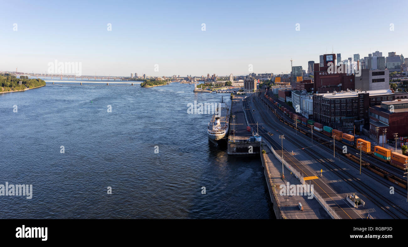 Montreal, Quebec, Canada, June 22, 2018: A panoramic view of the Old Montreal from the Jacques Cartier bridge Stock Photo