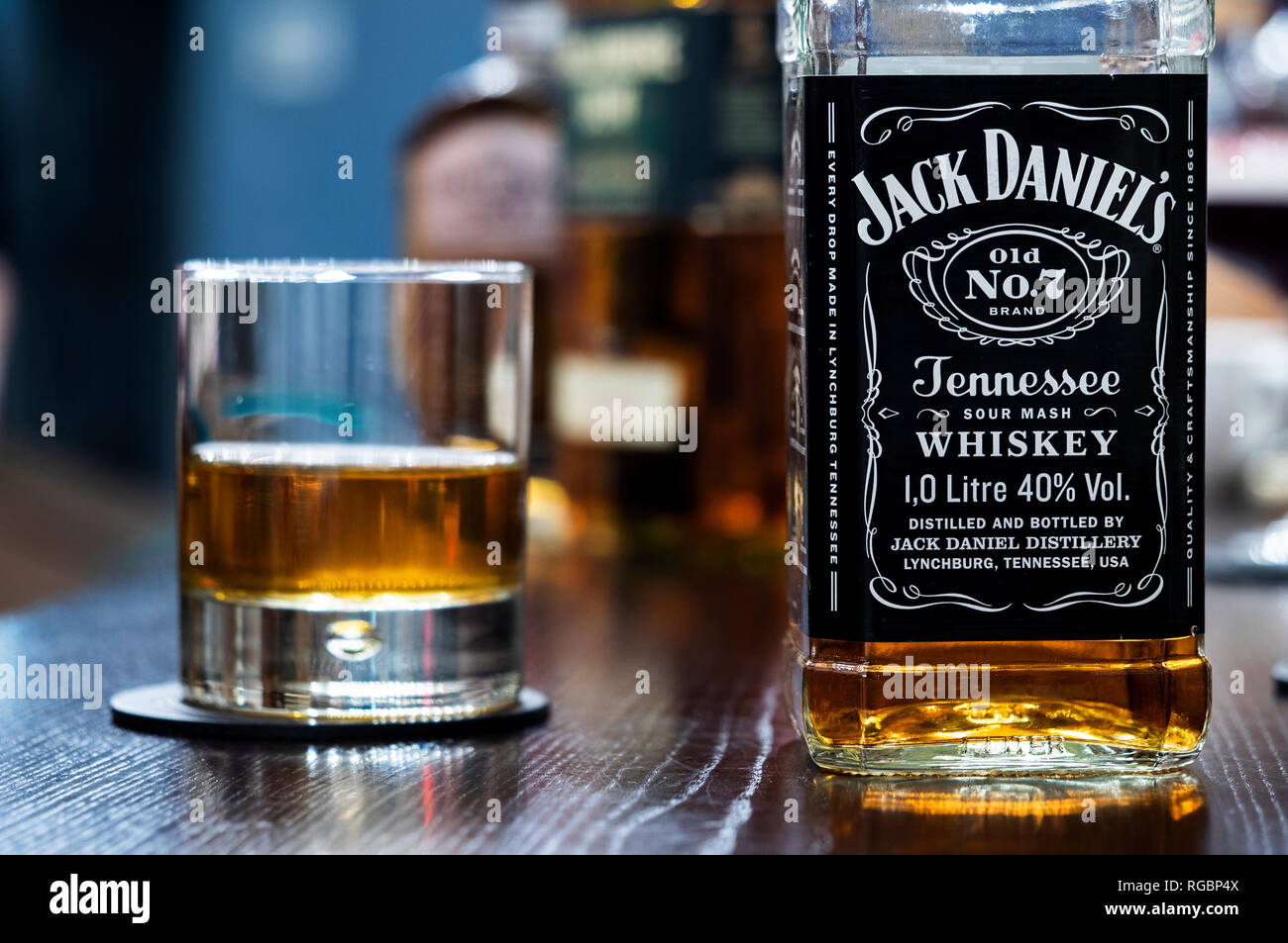 Jack Daniel's Tennessee whisky seen at the bar counter Stock Photo - Alamy