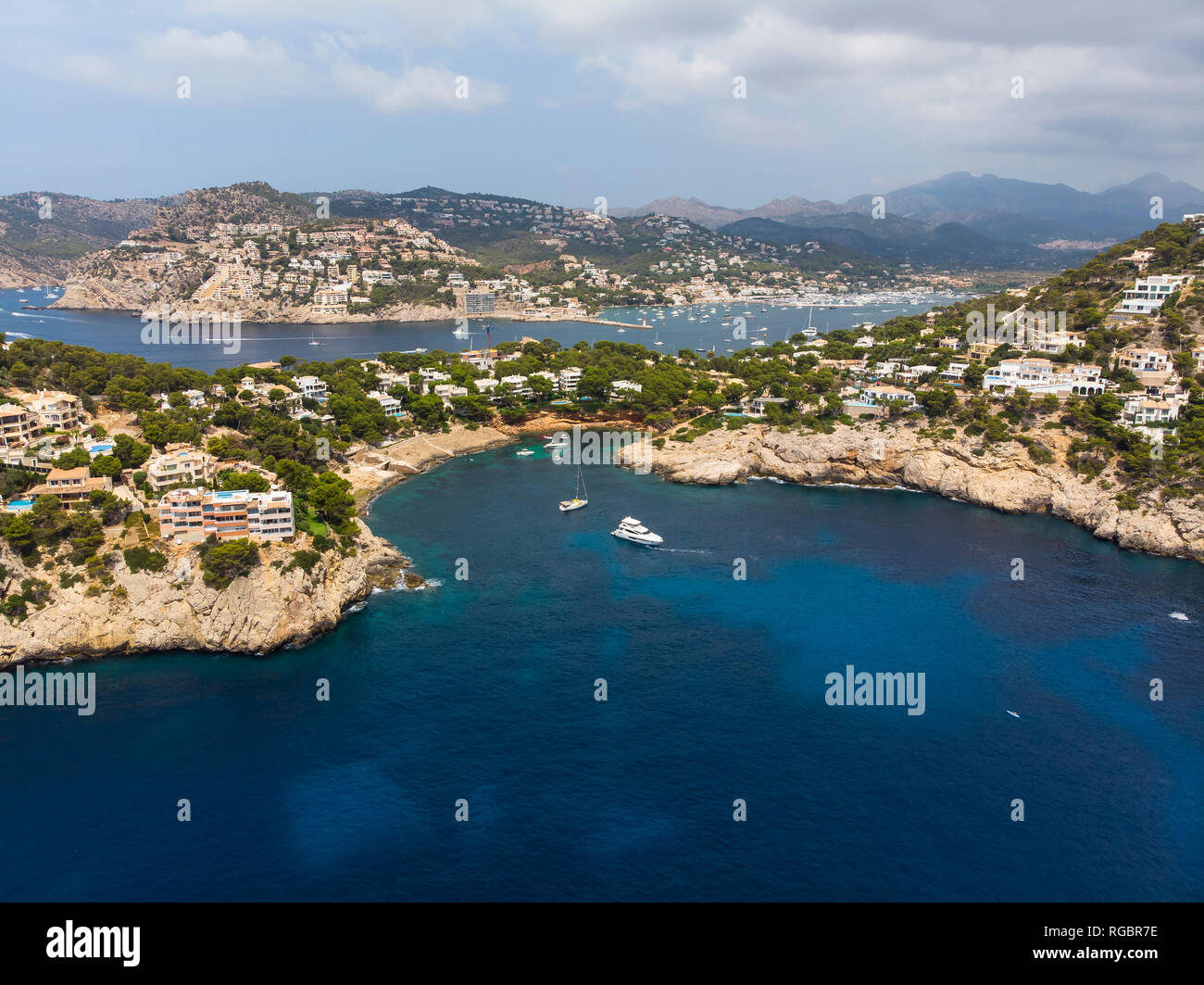 Spain, Mallorca, Aerial view of Cala LLamp and Cala Marmassen, villas Stock Photo
