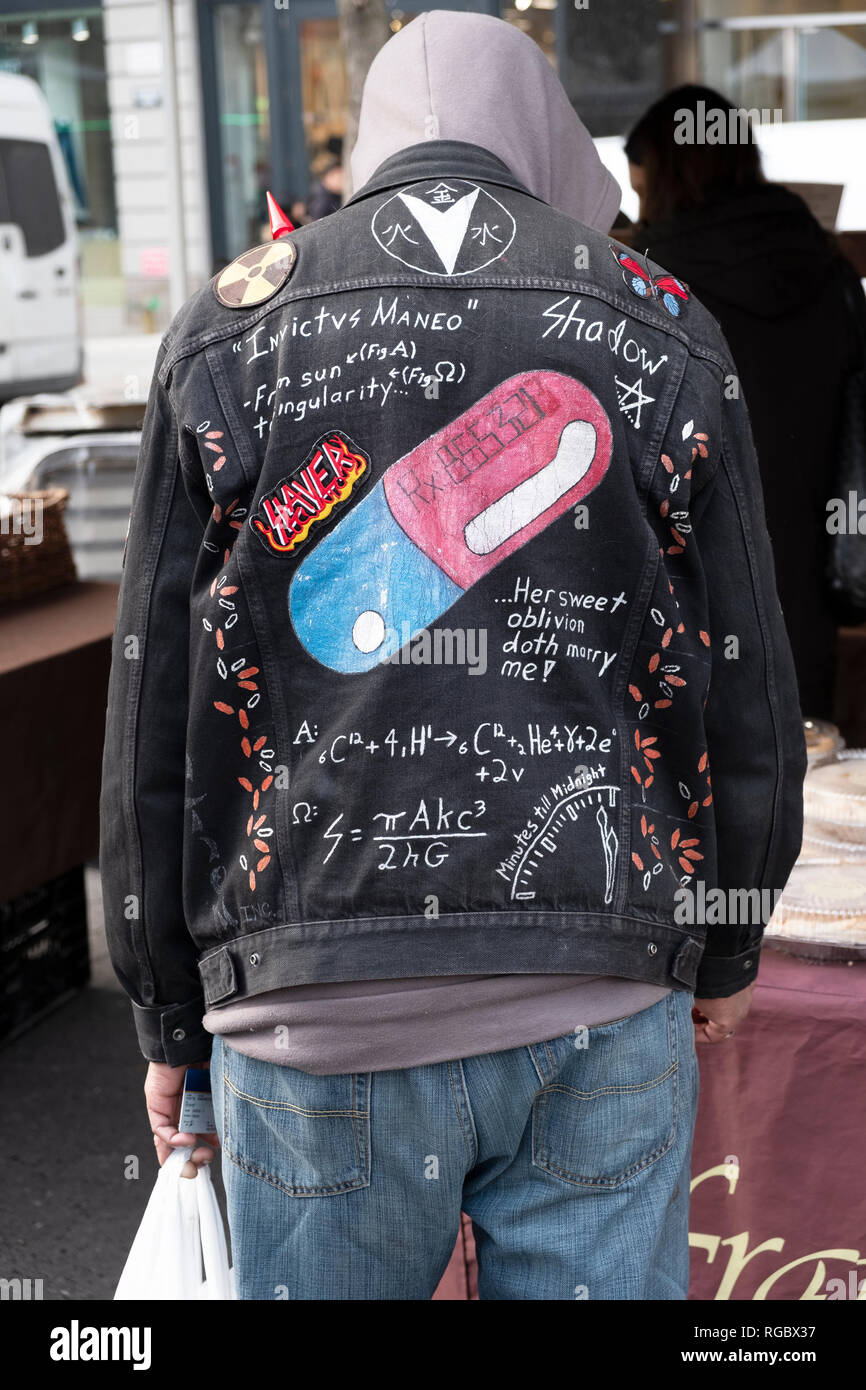 A very unusual denim jacket as seen at the Union Square green market in Manhattan, New York City. Stock Photo