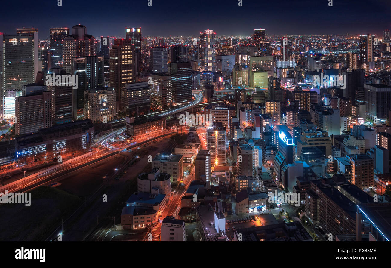 Japan, Osaka, Aerial view at night Stock Photo