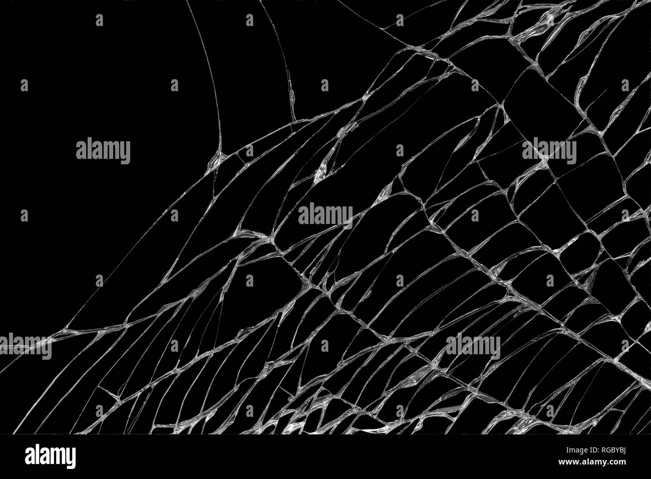 Close-up a patterns of wrinkle and cracks on touch screen display of smartphone caused by falling on black background Stock Photo