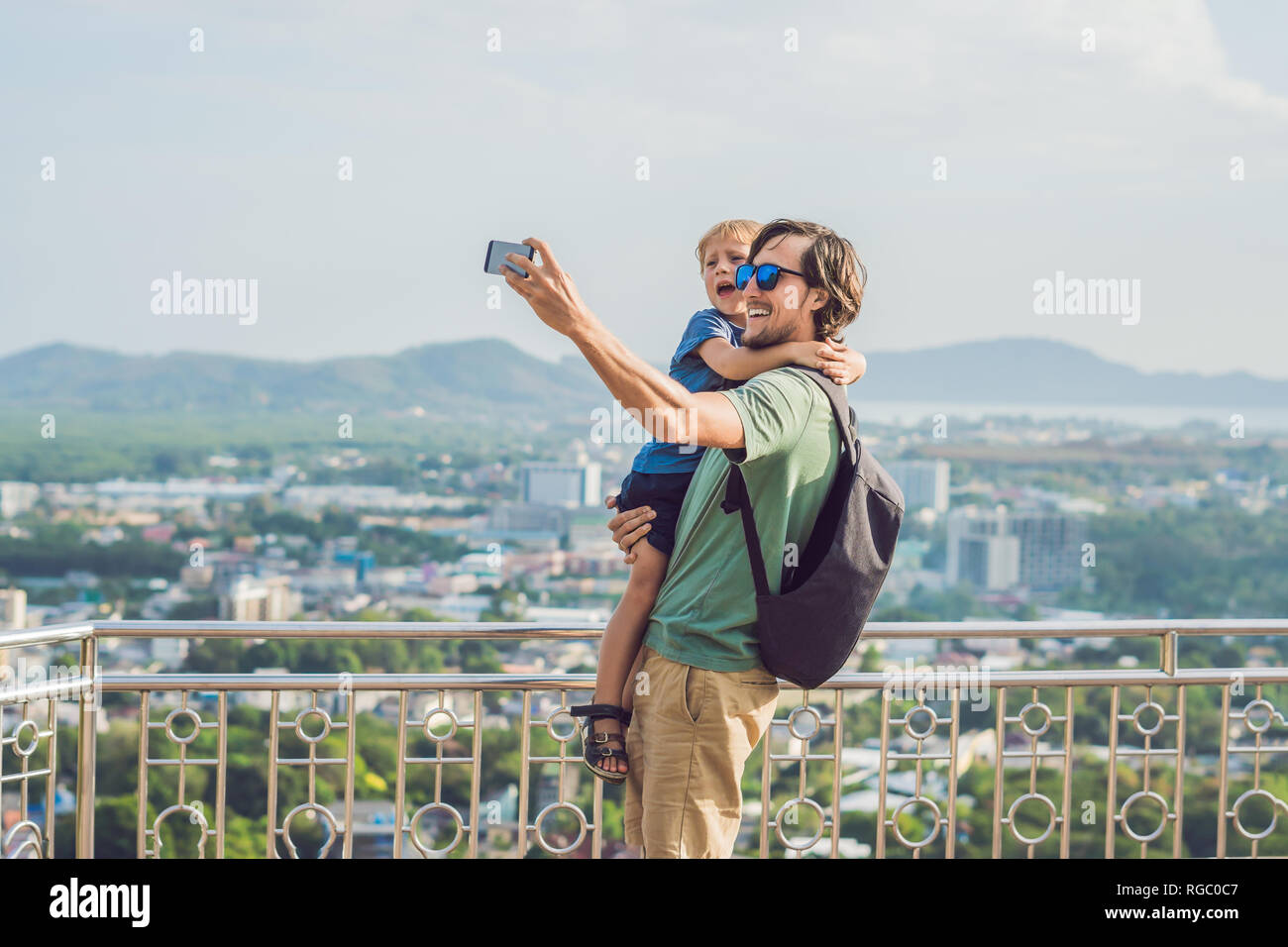 Father and son on High view from Phuket View Point Rang Hill in Phuket Thailand Stock Photo