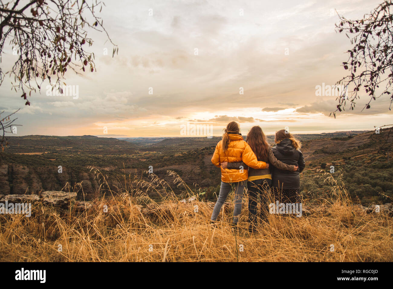 Spain, Alquezar, three friends embracing on a hill overlooking the scenery Stock Photo