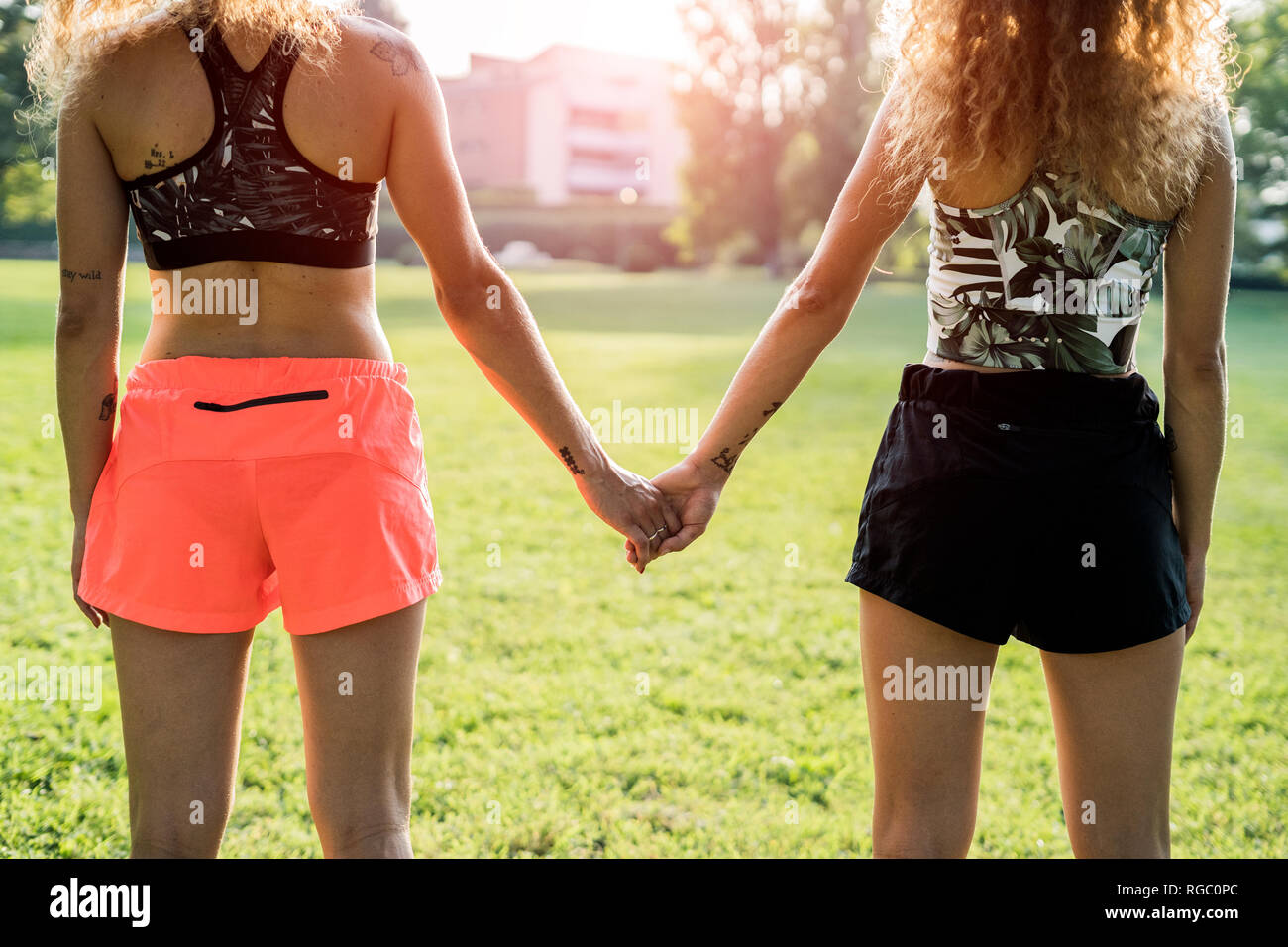 Back view of tattooed twin sisters holding hands on a meadow, partial ...