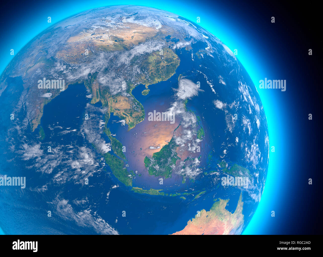 Physical map of the world, satellite view of  Southeast Asia, Indonesia. Globe. Hemisphere. Reliefs and oceans. 3d rendering. Nasa Stock Photo
