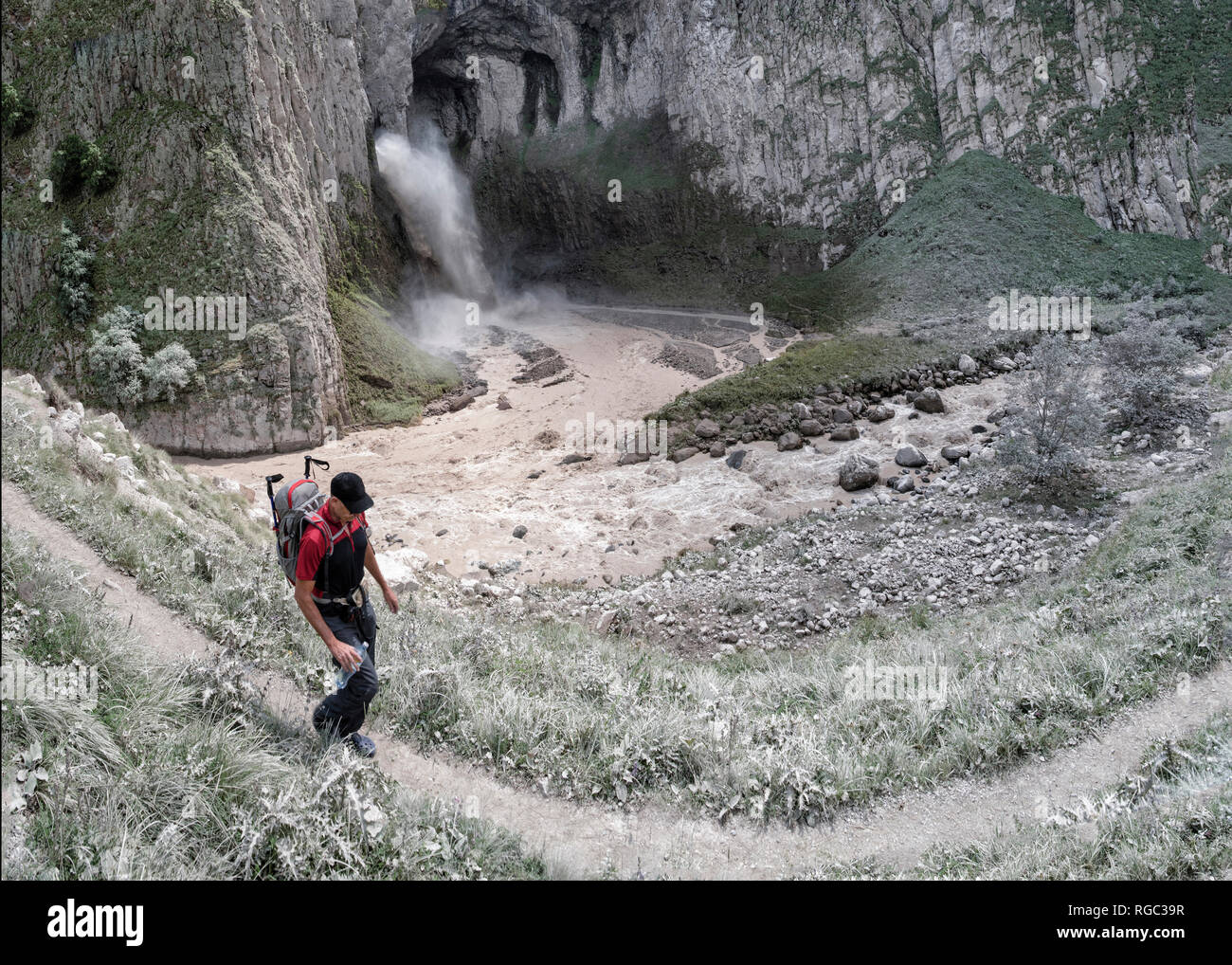 Russia, Caucasus, Mountaineer hiking in Upper Baksan Valley Stock Photo