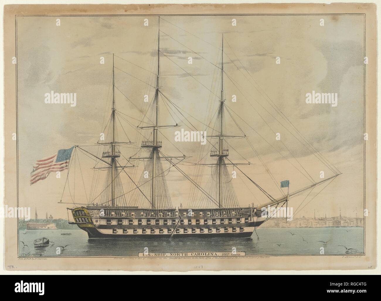 U. S. Ship North Carolina, 102 Guns. Artist: Napoleon Sarony (American (born Canada), Quebec 1821-1896 New York). Dimensions: image: 9 1/8 x 13 1/8 in. (23.2 x 33.4 cm)  sheet: 10 x 14 in. (25.4 x 35.5 cm). Lithographer: Lithographed and published by Nathaniel Currier (American, Roxbury, Massachusetts 1813-1888 New York). Date: 1843.  A marine print. A three-masted ship faces right with an American flag flying off the stern. The New York City skyline is visible behind the ship; Castle Garden at left. Museum: Metropolitan Museum of Art, New York, USA. Author: Napoleon Sarony. CURRIER, NATHANIEL Stock Photo