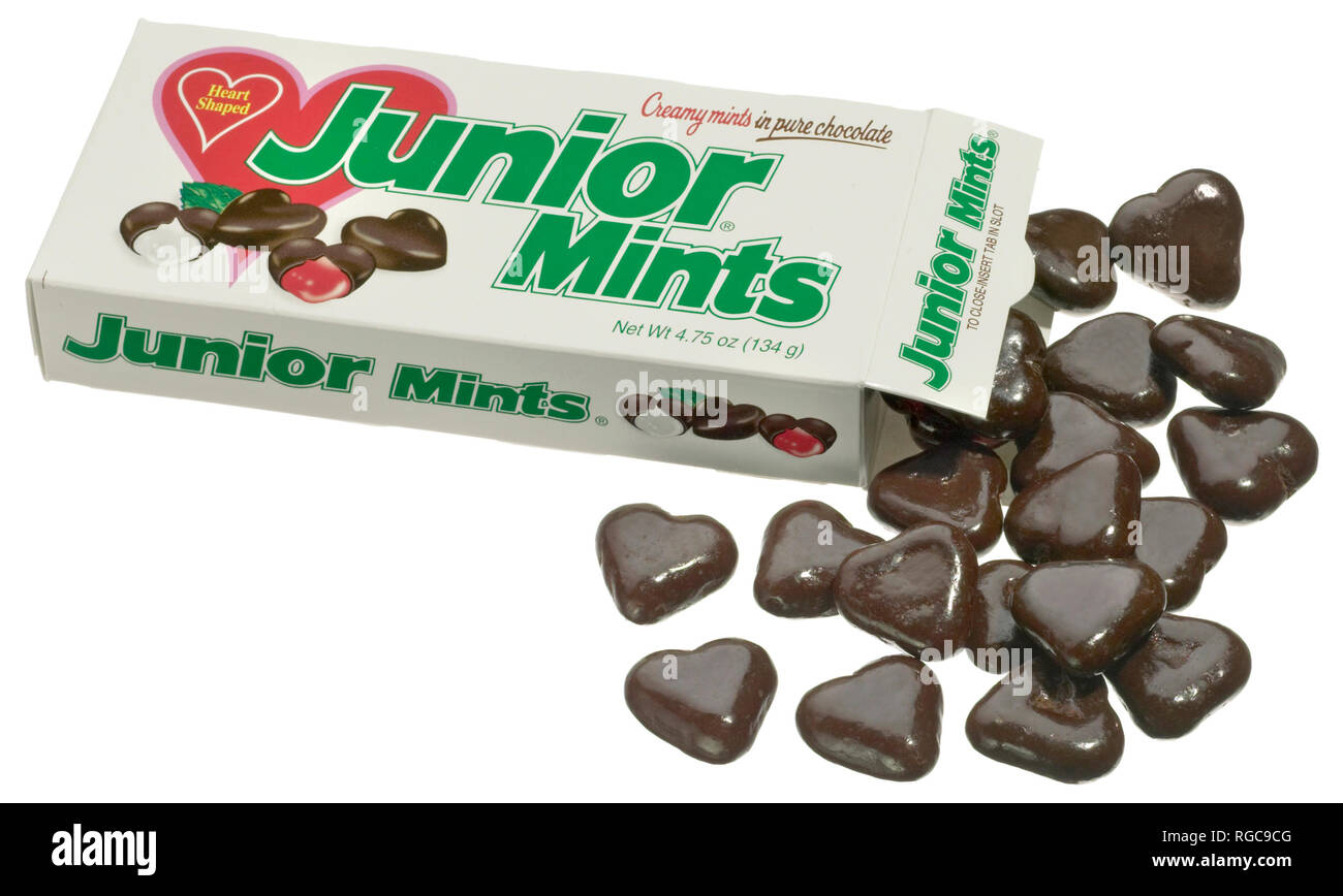 junior mints dark chocolate hearts photographed on a white background