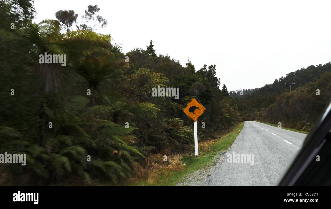 a car drives past a kiwi road sign in new zealand Stock Photo