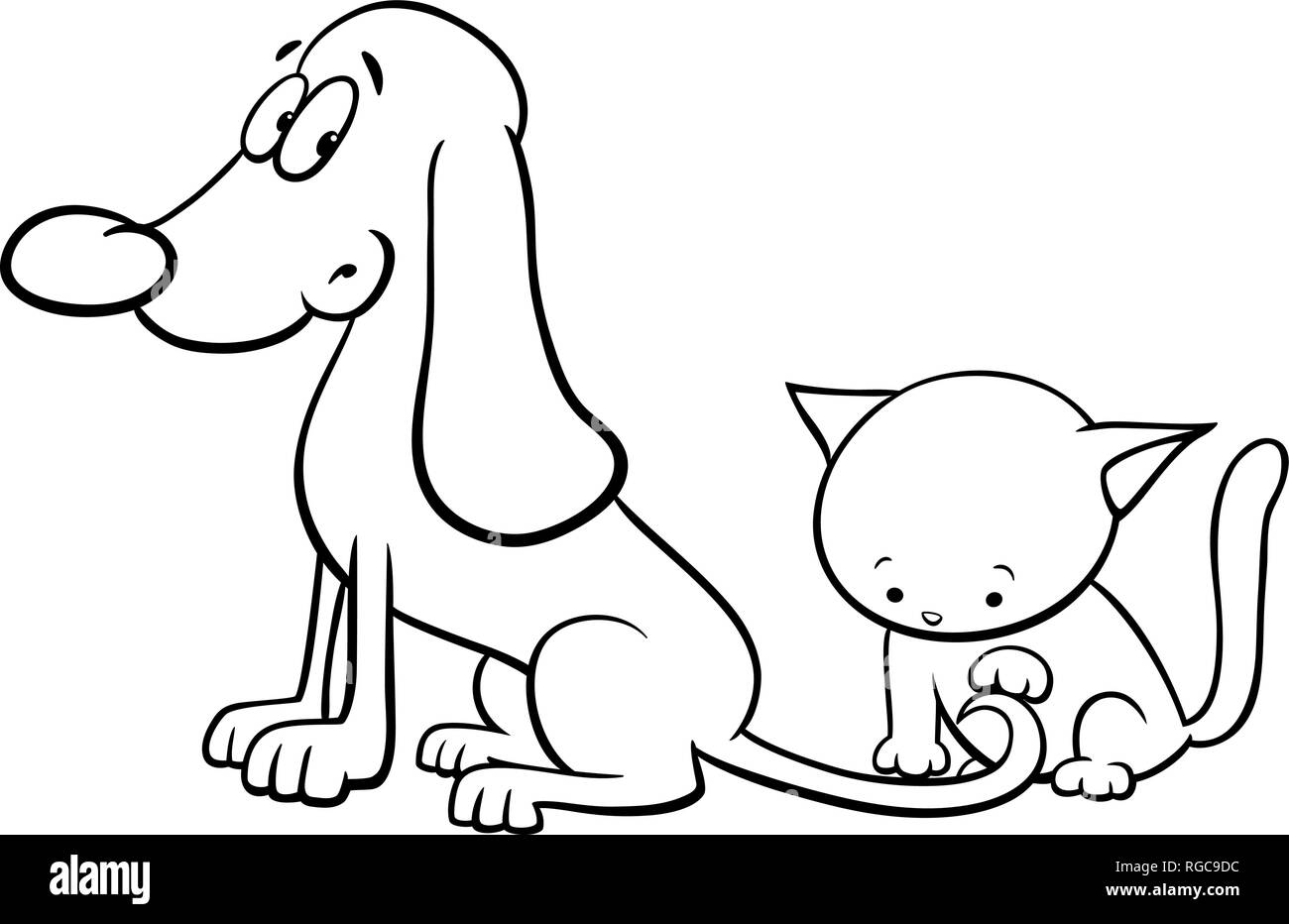 Black and White Cartoon Illustration of Dog and Cute Little Kitten Pet Animal Characters Coloring Book Stock Vector