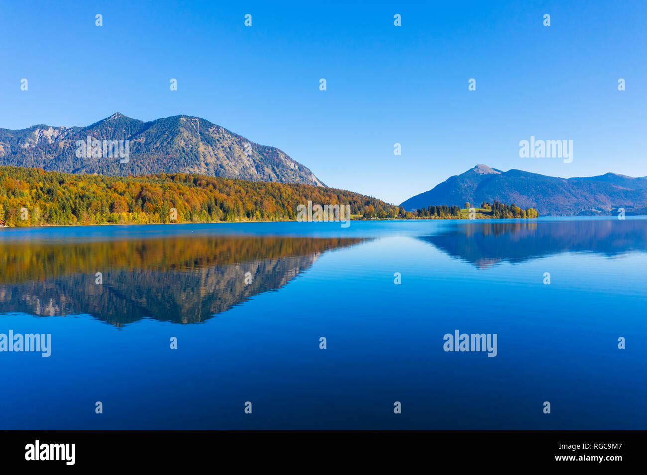 Germany, Bavaria, Upper Bavaria, Lake Walchen, Herzogstand and Jochberg, Peninsula Zwergern Stock Photo