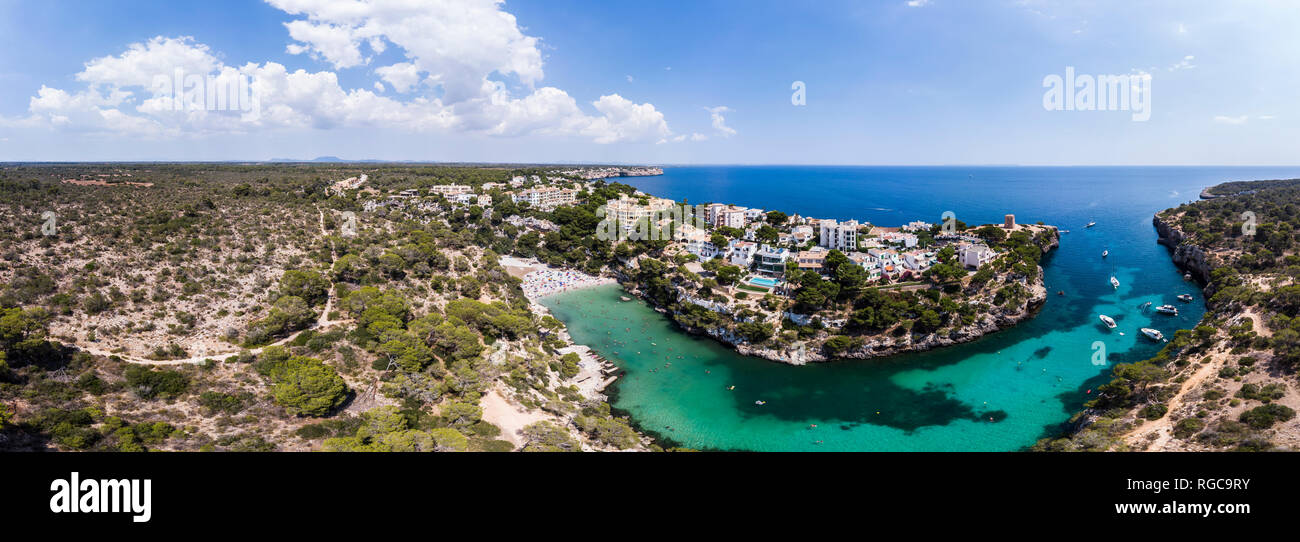 Spain, Balearic Islands, Mallorca, Llucmajor, Aerial view of bay of Cala Pi and Torre de Cala Pi Stock Photo