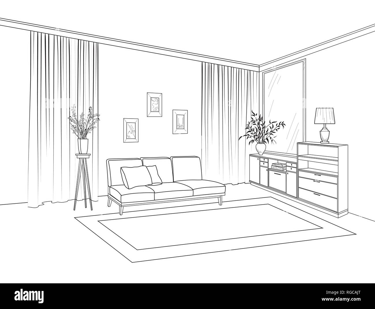 Home living room interior. Outline sketch of furniture with sofa ...