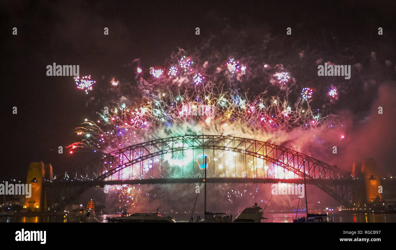 colorful fireworks display for sydney new years eve 2014 Stock Photo